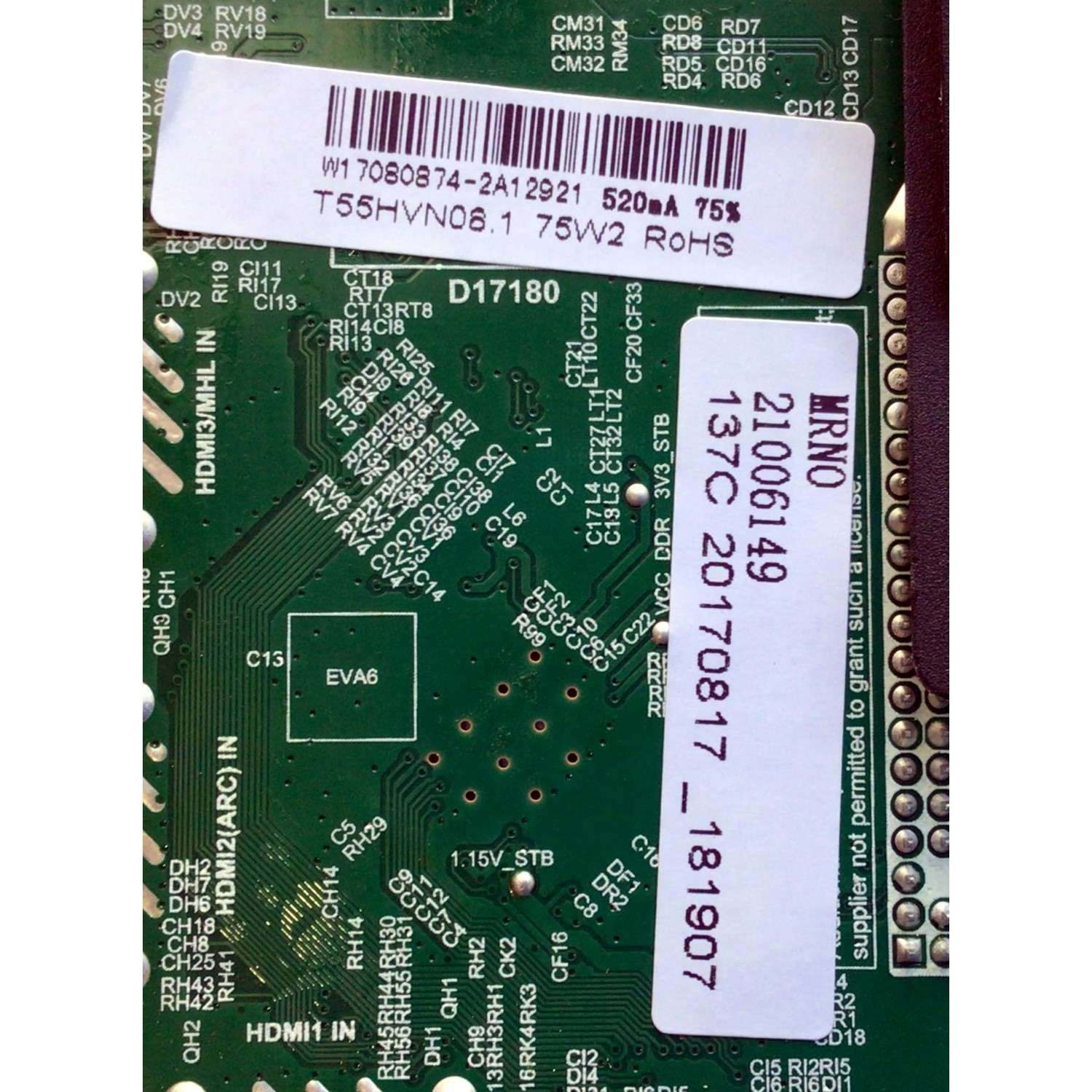 KIT DE TARJETAS PARA TV ELEMENT / NUMERO DE PARTE W17080874 / 21006149 / TP.MS3553.PB801 / T55HVN08.1 / E17212-2-KK / T-CON 55.55T23.C31 / 55555T23C31 / T420HVN06.3 / 42T34-C03 / PANEL MD5533YTAF / MODELO ELEFW5517 H7A9M - Imagen 3